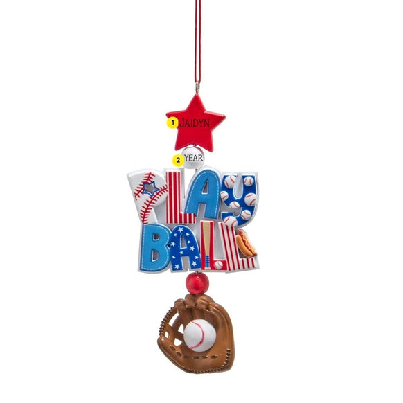 Personalized baseball Play Ball ornament with a name on the red star and a year on the white bead above the lettering.