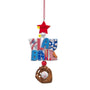 Personalized baseball Play Ball ornament with a name on the red star and a year on the white bead above the lettering.