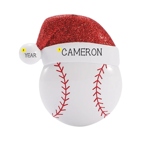 Personalized baseball ornament with a name on the Santa hat and year on the hat pom-pom.