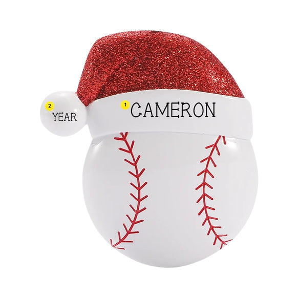 Personalized baseball ornament with a name on the Santa hat and year on the hat pom-pom.