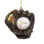 Personalized ornament shaped like a brown baseball glove holding a white baseball, with space for a name on the ball and a year on the glove.