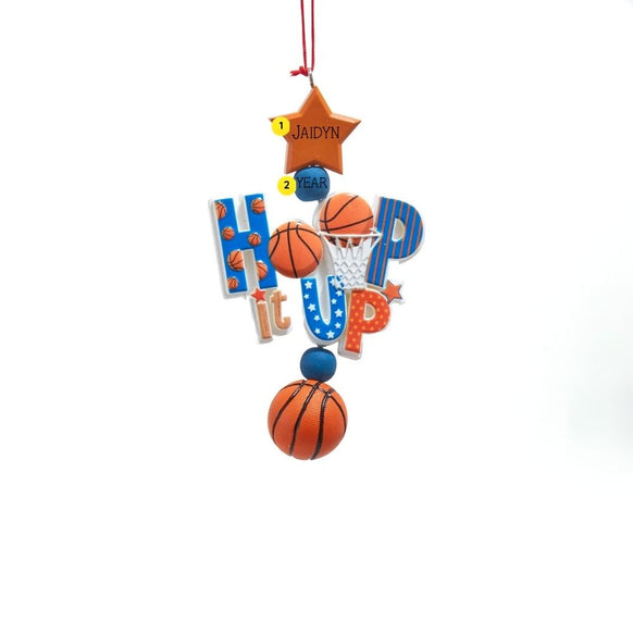 Personalized basketball Hoop It Up ornament with a name on the star and a year on the blue bead above the design.