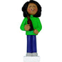 Ornament of a person wearing a green shirt and blue pants, holding a beer bottle, on a white background