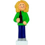 Figurine of a person wearing a green shirt and blue pants, holding a beer bottle, on a white background