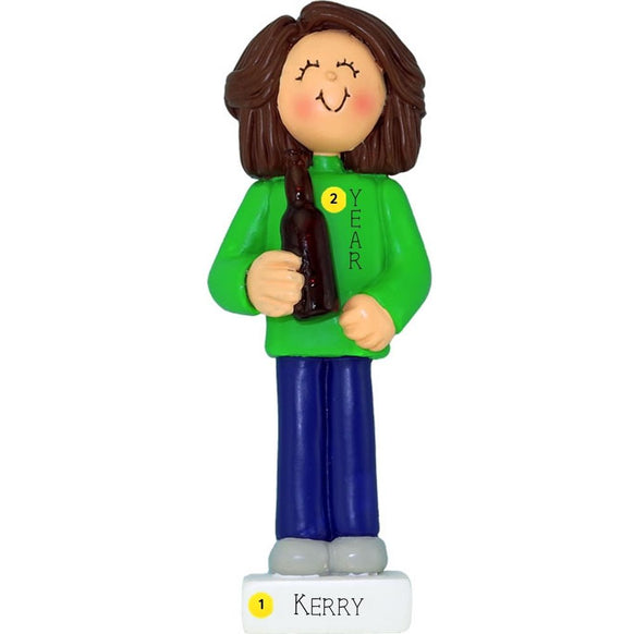 Ornament of a person wearing a green shirt personalized with name and year, holding a beer bottle, on a white background.