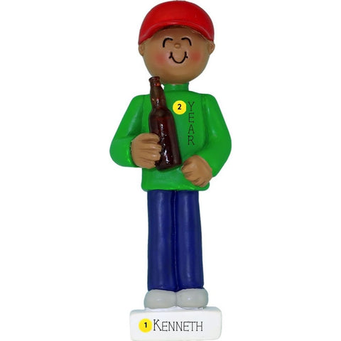Ornament of a person wearing a green shirt and red cap, holding a beer bottle, personalized with name and year on a white background.