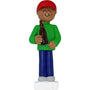 Figurine of a person wearing a green shirt, blue pants, and red cap, holding a beer bottle on a white background.