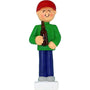 Ornament of a person wearing a red cap and green shirt, holding a beer bottle on a white background