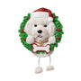 Personalized Bichon Frise ornament with Santa hat, Christmas wreath, and blank bone-shaped name plaque