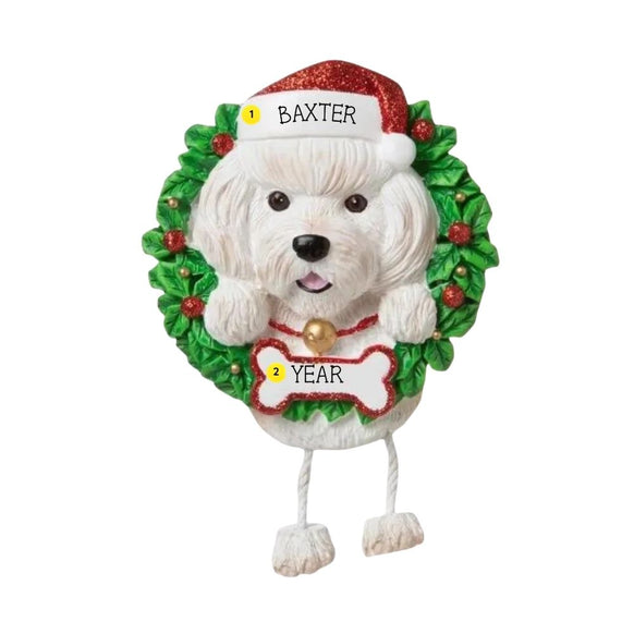 Personalized Bichon Frise ornament example with name on Santa hat and year on bone-shaped plaque