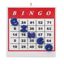 Bingo game board with blue markers on a white background