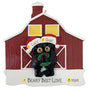 Black bear couple with Christmas hats and wreath in front of a red barn, personalized ornament.