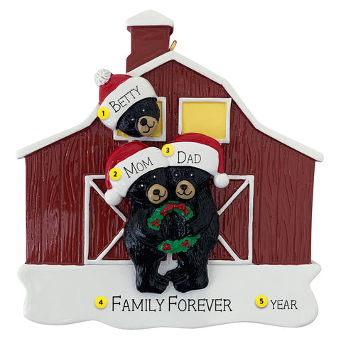 Decorative ornament with 3 black bears wearing Santa hats in front of a red barn, can be personalized
