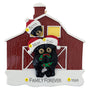 Decorative ornament with 3 black bears wearing Santa hats in front of a red barn, can be personalized
