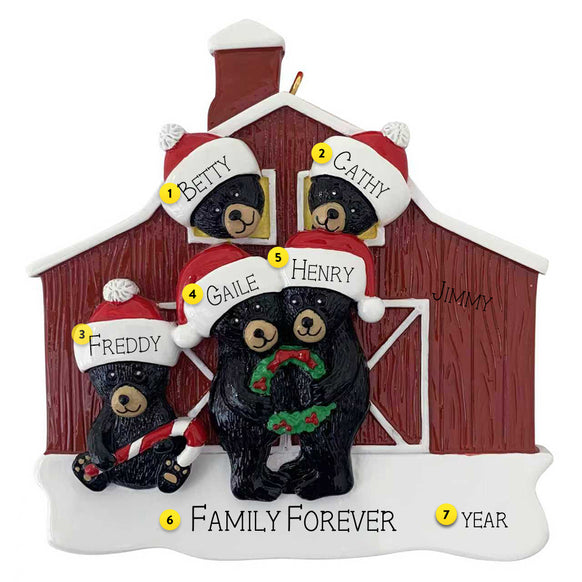 Personalized Christmas ornament with 5 black bears in front of a red barn, each bear wearing a Santa hat with a name tag.