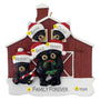 Personalized Christmas ornament with 5 black bears in front of a red barn, each bear wearing a Santa hat with a name tag.