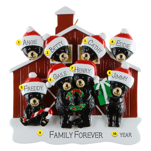 Personalized Christmas Family ornament with 8 black bears wearing Santa hats in front of a red barn, featuring names.