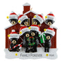 Personalized Christmas Family ornament with 8 black bears wearing Santa hats in front of a red barn, featuring names.