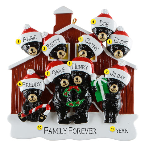 Personalized Black Bear Barn Family Of 9 Ornament