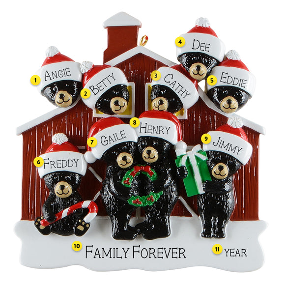 Personalized Black Bear Barn Family Of 9 Ornament