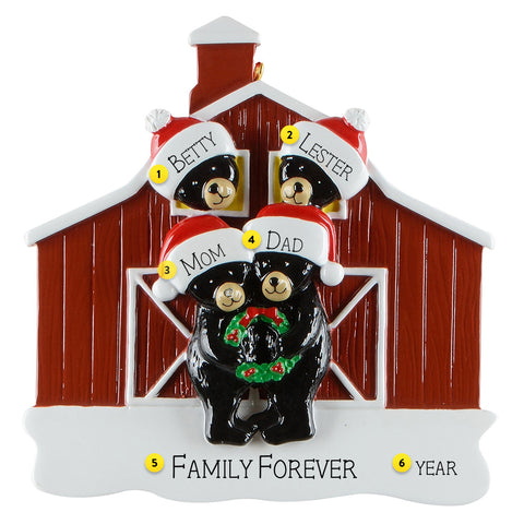 Decorative ornament with 4 black bears wearing Santa hats in front of a red barn.