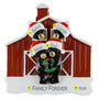 Decorative ornament with 4 black bears wearing Santa hats in front of a red barn.