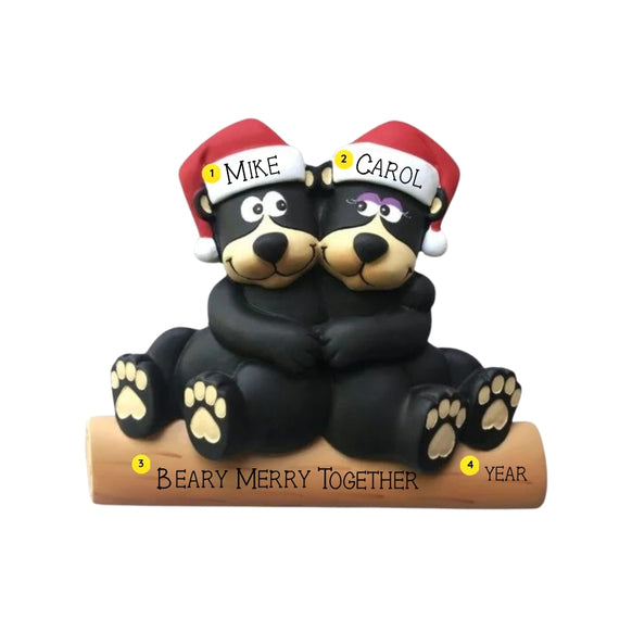 Black bear couple tabletop decoration sample personalized with two names, a sweet phrase, and year.