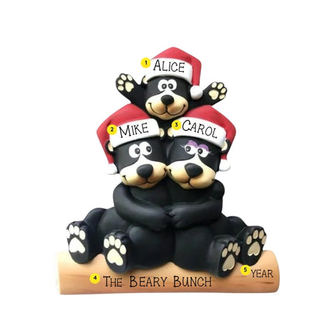 Black bear family of 3 tabletop decoration sample personalized with three names, a family phrase, and year.