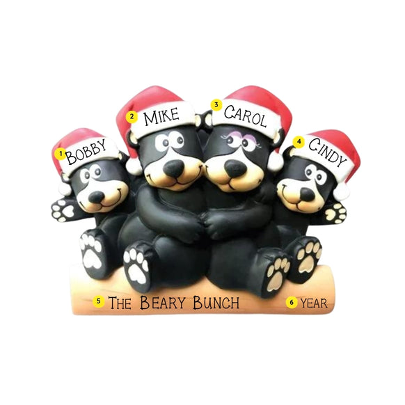 Black bear family of 4 tabletop decoration sample personalized with four names, a family phrase, and year.