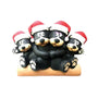 Black bear family of 4 tabletop decoration with a cuddling bear couple on a log and one cub on each side, all wearing Santa hats.