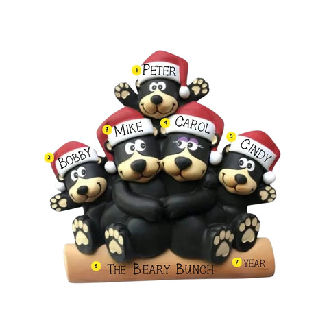 Black bear family of 5 tabletop decoration sample personalized with five names, a family phrase, and year.