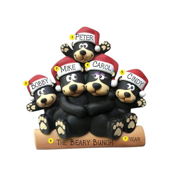 Black bear family of 5 tabletop decoration sample personalized with five names, a family phrase, and year.