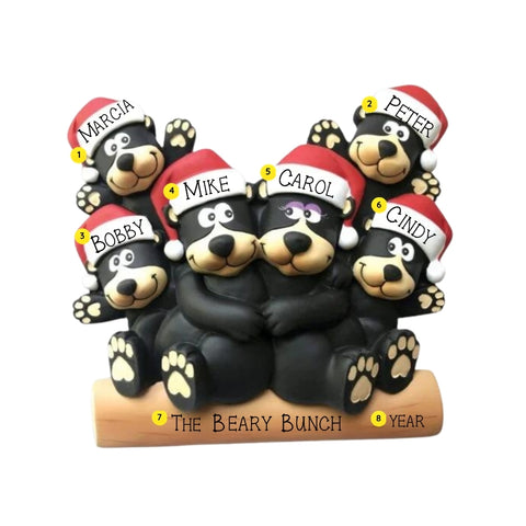 Black bear family of 6 tabletop decoration sample personalized with six names, a family phrase, and year.