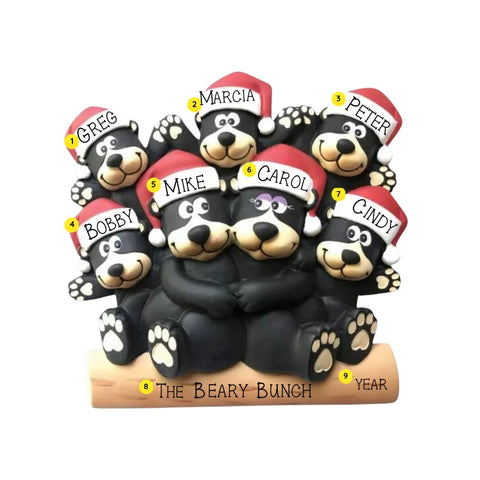 Black bear family of 7 tabletop decoration sample personalized with seven names, a family phrase, and year.