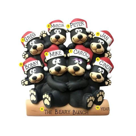 Black bear family of 8 tabletop decoration sample personalized with eight names, a family phrase, and year.