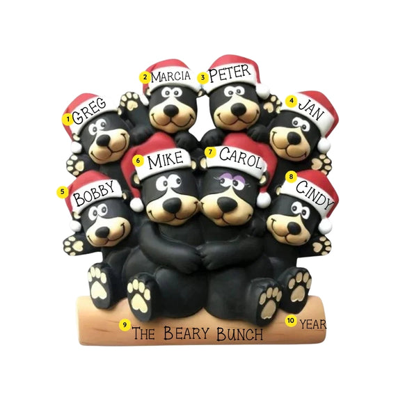 Black bear family of 8 tabletop decoration sample personalized with eight names, a family phrase, and year.
