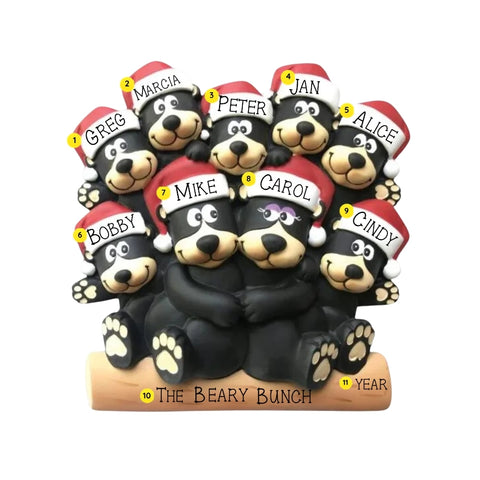 Black bear family of 9 tabletop decoration sample personalized with nine names, a family phrase, and year.