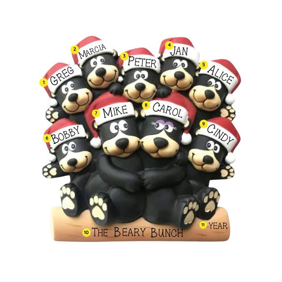 Black bear family of 9 tabletop decoration sample personalized with nine names, a family phrase, and year.