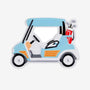 Blue golf cart ornament with golf clubs in a red bag and orange side details.