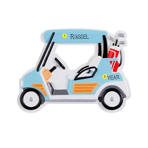 Personalized blue golf cart ornament with a name on the roof and space for a year on the side of the cart.