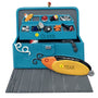 Blue tackle box with fishing lures on a white background