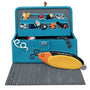 Blue tackle box with fishing lures on a white background
