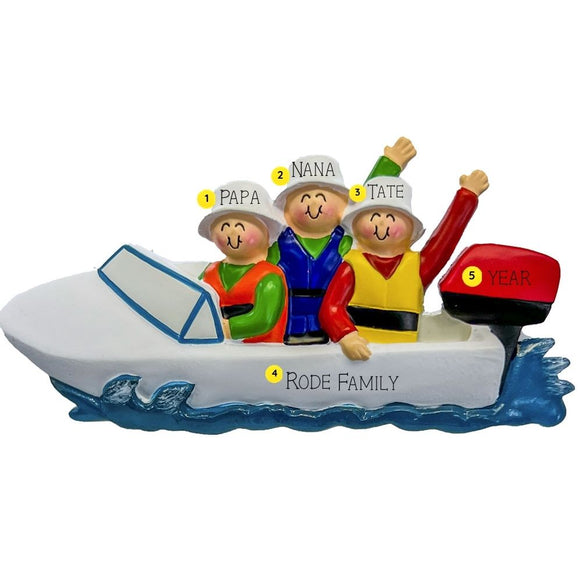 Family on a boat ornament with personalized names and year, on a white background.