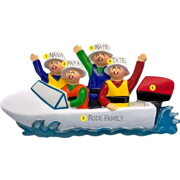 Family on a boat ornament with personalized names and year, on a white background.