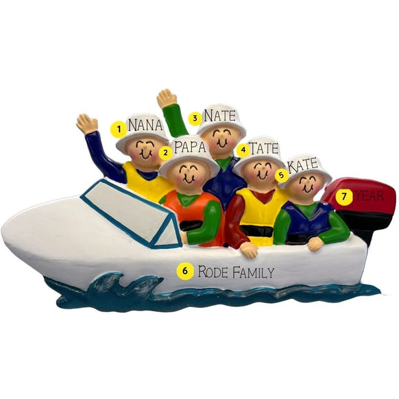 Decorative ornament of a family on a boat with personalized names and year.