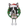 Personalized Boston Terrier ornament with Santa hat, Christmas wreath, and blank bone-shaped name plaque