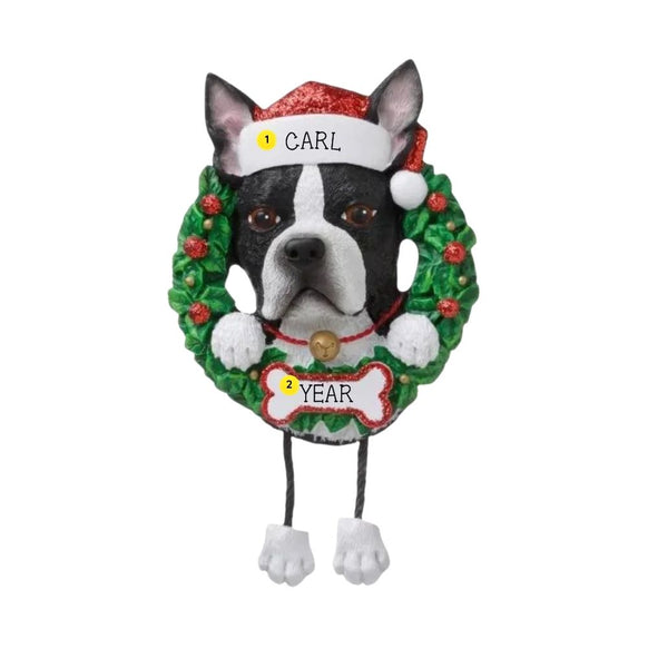 Personalized Boston Terrier ornament example with name on Santa hat and year on bone-shaped plaque