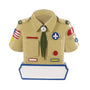 Boy Scout uniform ornament with a tan shirt, green tie, colorful badges, flag patch, and blank name banner.
