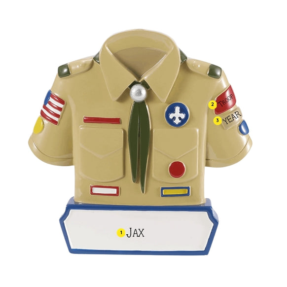 Personalized Boy Scout uniform ornament with a name on the bottom banner, troop number on the sleeve patch, and year below it.