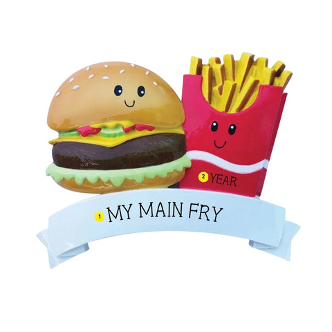 Burger and fries duo ornament personalizing example with “My Main Fry” on banner and year on fries carton